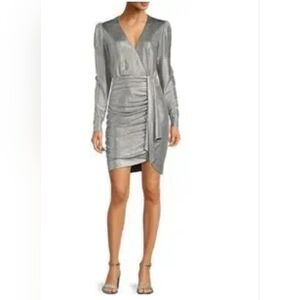 NWT Alex Marie Chrissy Novelty Liquid Silver Faux Wrap Dress Size 2, 4 $168